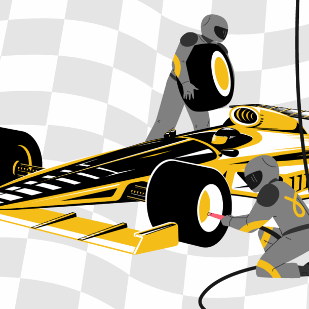Formula 1 pit crew servicing a racecar